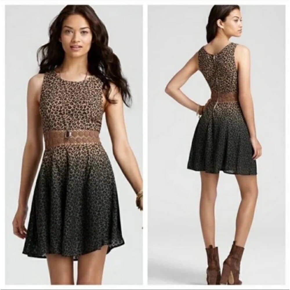 Free People Ombre Leopard Cheetah Print Dress Size S Daisy Chain Waist EUC B19